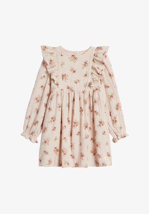 Blumenkleid aus zartem rosa Stoff, mit Rüschenschultern, langen Ärmeln und geraffter Taille, durchgehend mit kleinen Rosenmustern verziert.