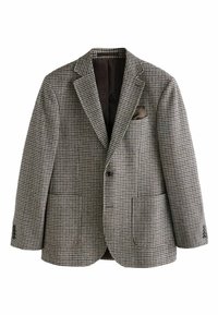 Houndstooth-mustriga bleiser halli ja musta värviga, tumeda voodriga, sälgklappidega, kahe ees oleva taskuga ja dekoratiivse taskurätikuga.