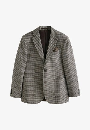 Grau-schwarzer Blazer mit Hahnent pattern, dunkler Futter, Reverskragen, zwei vorderen Taschen und einem dekorativen Einstecktuch.