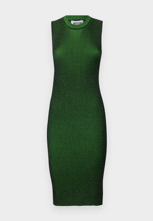 Form-fitting sleeveless dress in a textured dark green knit. Features a ribbed design and a round neck. Smooth finish with no visible embellishments.