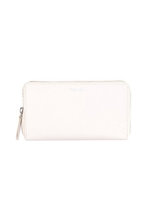 White leather wallet with textured surface, zip closure, and side tassel. Features subtle logo embossing on the front.