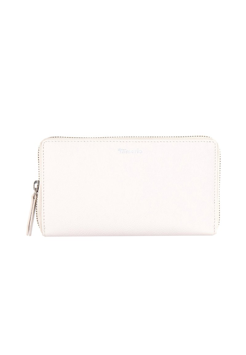 Portafoglio bianco in pelle con superficie texturizzata, chiusura con zip e nappina laterale. Presenta un discreto logo stampato sul davanti.
