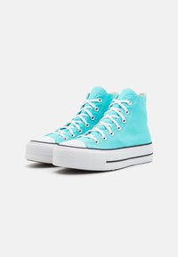High-top sneakers in vibrant turquoise canvas with white laces, rubber toe cap, and contrasting black midsole stripe.