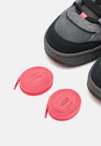 Baskets noires et grises avec deux lacets rose vif soigneusement enroulés placés à côté sur fond blanc.