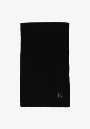 Zwarte gebreide halswarmer met een gestructureerd ribbelontwerp en een klein logo-label in de onderstehoek, geschikt voor koud weer.
