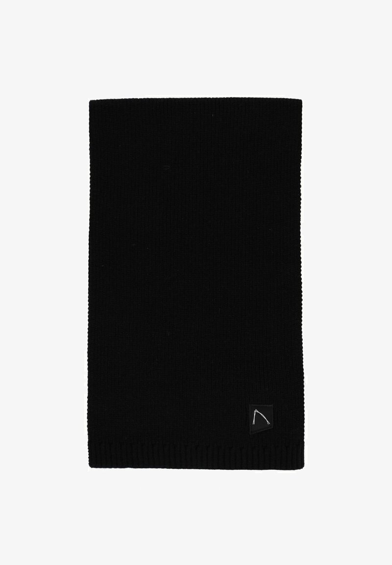 Scaldacollo nero in maglia con un design a coste texture e un piccolo logo nell'angolo in basso, adatto per il clima freddo.
