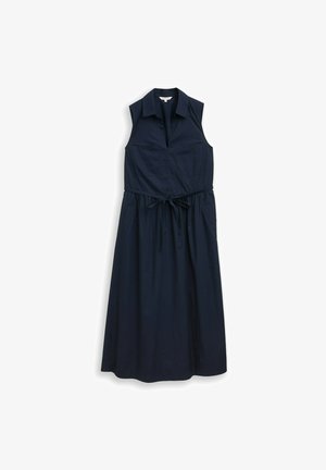 Robe midi bleu marine sans manches avec col, encolure en V et ceinture à nouer à la taille, en tissu léger.