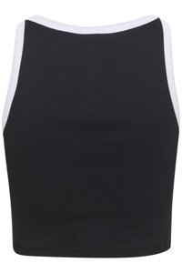 Must mustribi crop top valge äärisega kaela ja käeaukude ümber. Omab lähedalt istuvat disaini ja sujuvat tekstuuri.