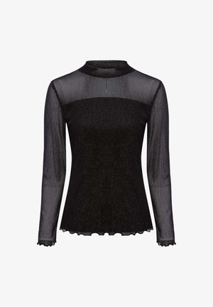 Black long-sleeve top with a mock neckline. Sheer, ribbed texture with subtle metallic threads. Scalloped hem and cuffs.