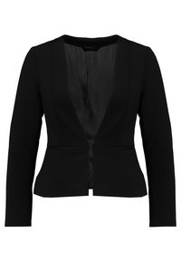 Blazer noir à manches longues, devant ouvert, avec revers en satin et coupe ajustée. Tissu lisse avec une légère brillance et sans fermetures visibles.