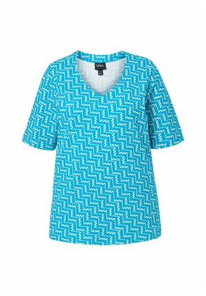 Ulla Popken, ZIGZAG PRINT SHORT SLEEVE V-NECK TEE - Printtipaita - aqua turquoise