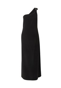Schwarzes eineschulteriges Kleid mit einem schlanken Design, bodenlanger Schnitt und einer metallischen Schnalle als Akzent an der Schulter für zusätzliche Details.