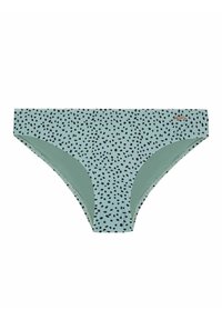 Šviesiai mėlynos spalvos maudymosi kelnaitės su juodais taškeliais. Savybės: lygi tekstūra, vidutinė aprėptis ir elastinga juosta.