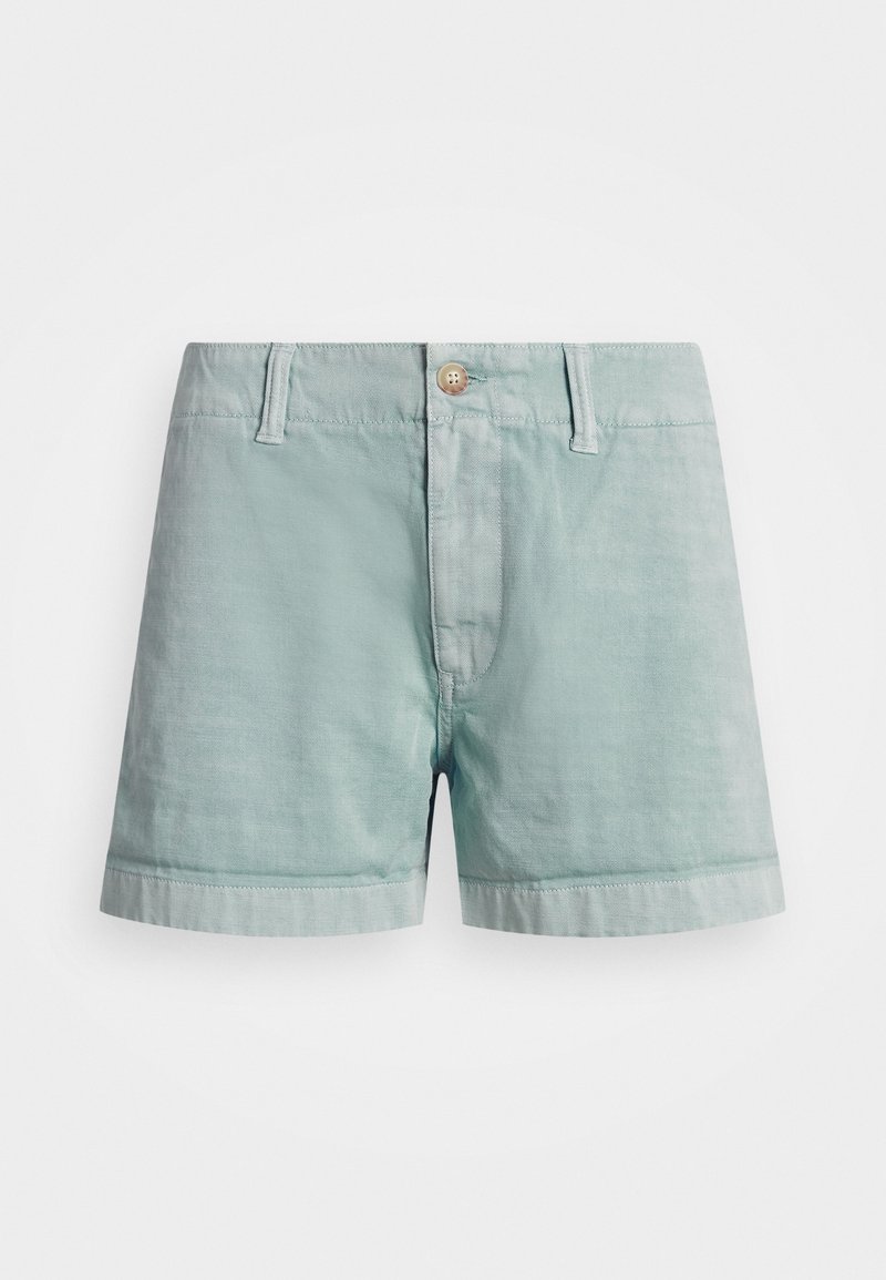 Shorts décontractés bleu sarcelle clair avec fermeture à bouton, passants de ceinture et ourlets retroussés, présentés sur un fond blanc.