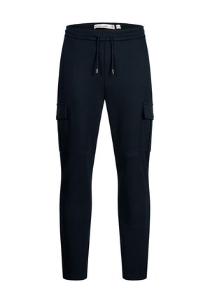 Sorte slim-fit cargo joggebukser med snøre i taljen og klaplommer i siderne, lavet af tekstureret stof.