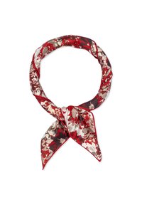 Roter und blumengemusterter Seidenschal mit glatter Oberfläche, der ein Knotendesign und spitze Enden aufweist. Akzente in Beige- und Bordeauxtönen.