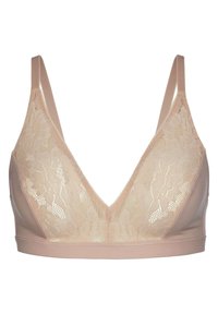 Kanten bralette in nude met een V-halsontwerp. Beschikt over verstelbare bandjes, een zachte textuur en bloemenkantpanelen aan de zijkanten en voorkant.