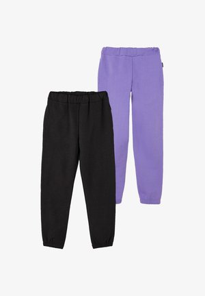 Two pairs of jogger-style pants: one in solid black, the other in solid lavender. Both feature elasticated waistbands and cuffs.