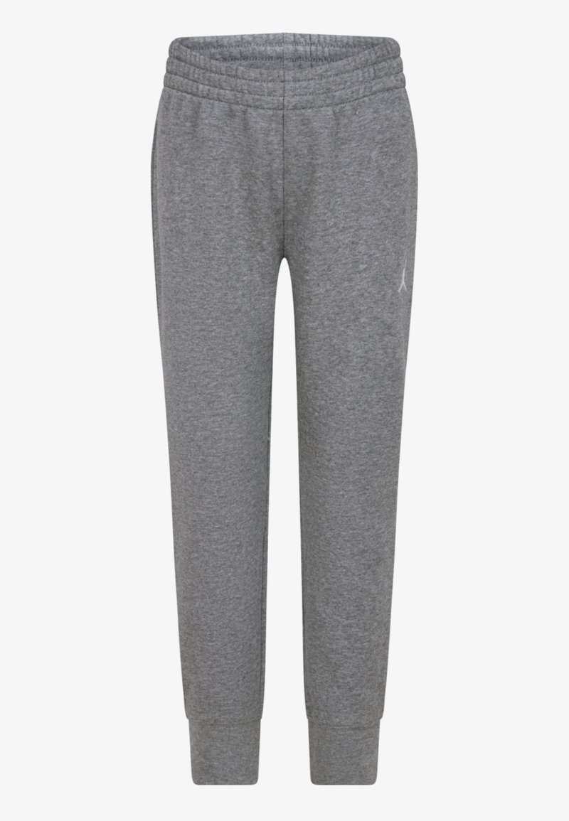 Pantalons de survêtement gris en tissu doux, dotés d'une taille et de poignets côtelés, avec un petit logo sur la cuisse gauche.