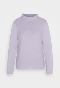 Pull tricoté violet clair à manches longues avec col cheminée et tissu texturé, présenté sur un fond blanc uni.
