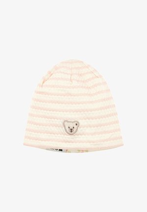 Soft baby beanie with pink and white horizontal stripes, featuring a small embroidered teddy bear face on the front.