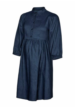 Ciemnoniebieska sukienka z długim rękawem w tkaninie przypominającej len, z zapięciem na guziki, kołnierzykiem i elastycznymi mankietami.
