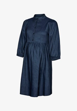 Mørkeblå, langærmet kjole i en linnedlignende stof, med en knappet stolpe, en krave og elastiske manchetter.