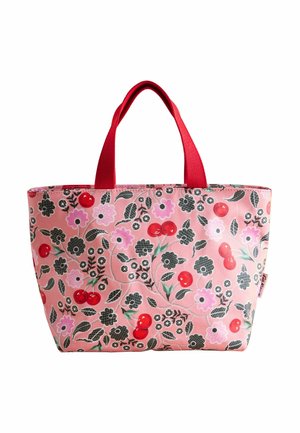 Borsa a tracolla floreale rosa con manici rossi, caratterizzata da un motivo di ciliegie, fiori e foglie. Realizzata in materiale resistente con una texture liscia.