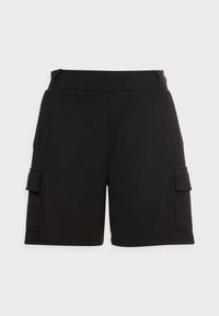 Sorte cargo shorts lavet af blødt stof. Har to sidelommer med klapper, en bred elastikliv, og en skræddersyet pasform for en behagelig følelse.