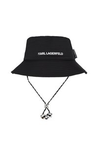 Melnā kubeņa cepure, izgatavota no viegla auduma, ar platām malām, 'KARL LAGERFELD' logotipu un regulējamu auklu ar dekoratīvu aparatūru.