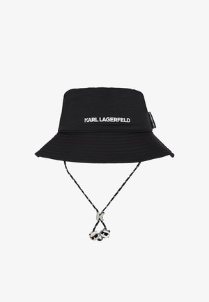 Black bucket hat made of lightweight fabric, featuring a wide brim, 'KARL LAGERFELD' logo, and adjustable cord with decorative hardware.
