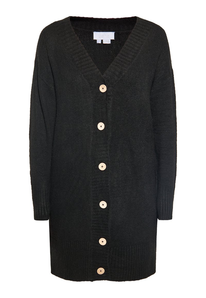 Cardigan in maglia nera con scollo a V, dotato di sei bottoni rotondi in legno e polsini e orlo a coste. Tessuto morbido e vestibilità ampia.