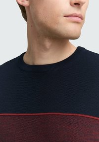 Marineblauer Strickpullover mit strukturierter Oberfläche, versehen mit einem horizontalen roten Streifen. Gerippter Halsausschnitt und Bündchen für zusätzliche Details.