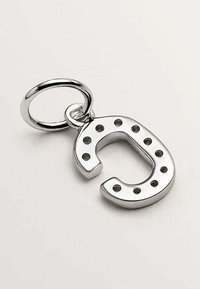 Llavero de metal en forma de herradura, con un acabado plateado brillante y un diseño perforado. Adjunto a un anillo circular.