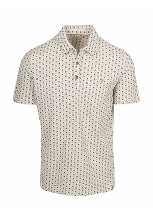 Herren-Poloshirt mit kurzen Ärmeln in Beige mit braunem und weißem Kreuzmuster und Drei-Knopf-Leiste.