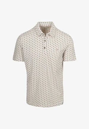 Herren-Poloshirt mit kurzen Ärmeln in Beige mit braunem und weißem Kreuzmuster und Drei-Knopf-Leiste.