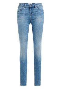 Světle modré skinny džíny vyrobené z denimu, s designem pěti kapes, zapínáním na knoflík a zip, a s jemným zesvětlením na přední straně.