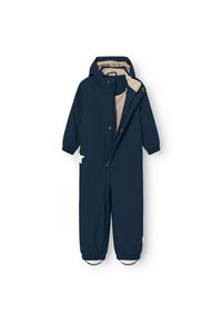 Navy blue veden kestävä haalari hupulla, beigellä vuorilla, joustavilla rannekkeilla ja etuvetoketjulla. Sisältää napit varmistaakseen sulkemisen.