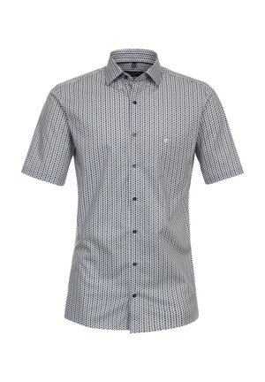 Kurzärmliges Hemd in einem blau-weißen geometrischen Muster, mit einem Button-Down-Kragen und einer Brusttasche. Der Stoff wirkt glatt und leicht.