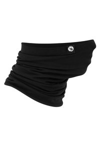 Scaldacollo tubolare nero realizzato in tessuto elasticizzato, con una texture morbida e un piccolo tag con logo su un lato. Design liscio e senza cuciture.
