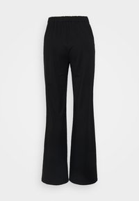 Pantalon noir évasé avec taille élastique, texture lisse et design à jambes larges. Silhouette simple et polyvalente.