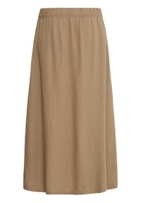 Knee-length beige skirt with elastic waistband, made of soft, lightweight fabric, suitable for casual wear.