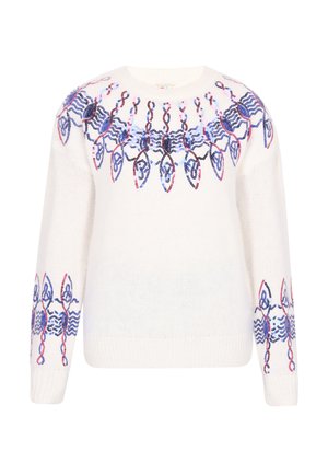 Biały sweter z niebieskimi, różowymi i fioletowymi koralikowymi abstrakcyjnymi wzorami wokół dekoltu i rękawów, z okrągłym dekoltem i długimi rękawami.