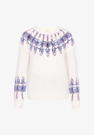 Biały sweter z niebieskimi, różowymi i fioletowymi koralikowymi abstrakcyjnymi wzorami wokół dekoltu i rękawów, z okrągłym dekoltem i długimi rękawami.