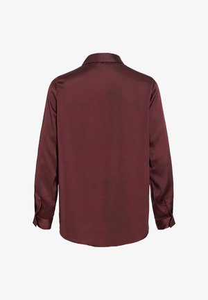 Burgunderfarget langermet skjorte laget av glatt stoff, med klassisk krage og knappede mansjetter, rundet nede og med søm bak.