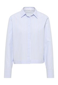 Camicia button-up celeste con sottili righe verticali bianche, gialle e blu scuro, maniche lunghe e colletto a punta.