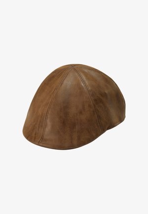 Brun læderhat med en rund form og syede detaljer. Glat tekstur med en let slidt finish. Ingen synlige beslag.