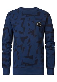 Felpa blu navy con un motivo geometrico astratto nero, maniche lunghe, scollo rotondo e un piccolo logo circolare sul petto.