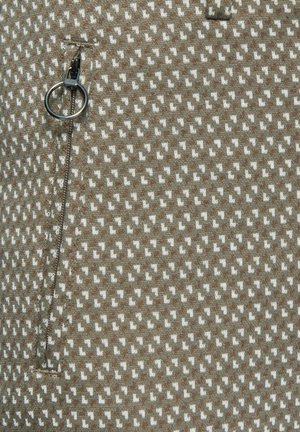 Brown patterned fabric featuring small white geometric shapes, with a zip pocket and a metal ring pull for access.
