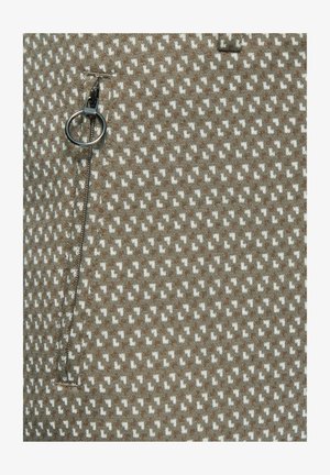 Tissu marron à motif avec de petites formes géométriques blanches, comportant une poche zippée et un tirette en métal pour y accéder.